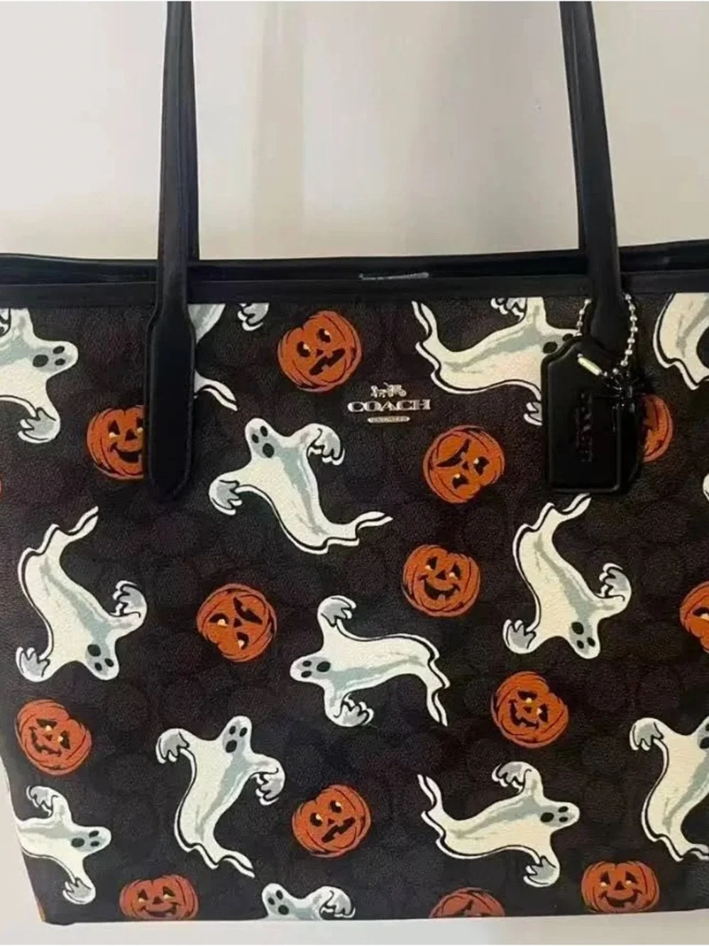 Coach Black Tote with White Ghosts and Orange Pumpkins